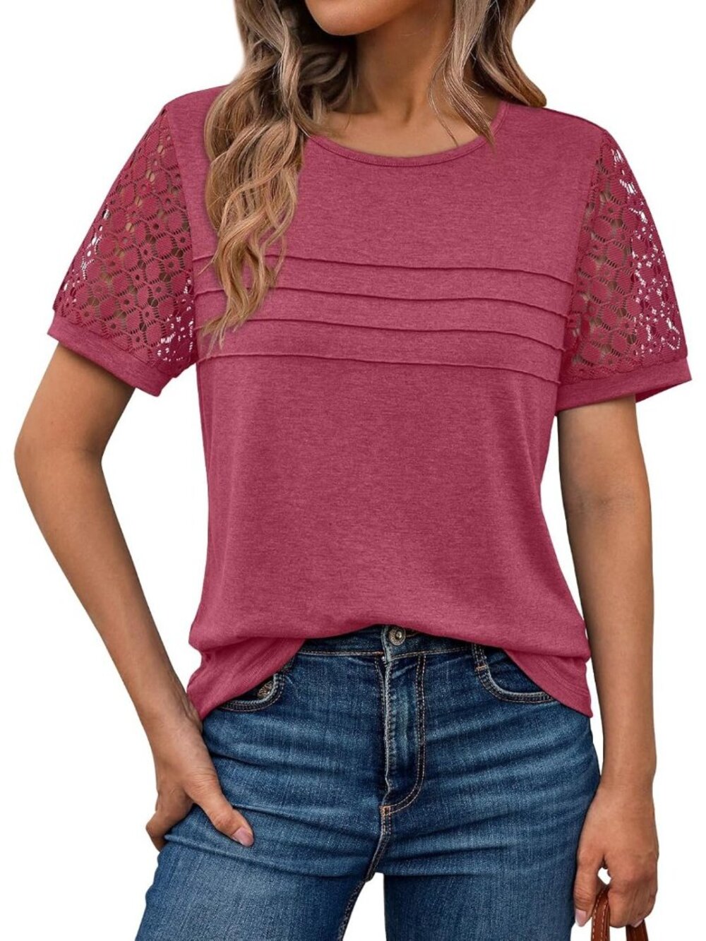 Women's Rose Lace Short Sleeve Dressy Summer Casual Work Top Trendy T Shirts